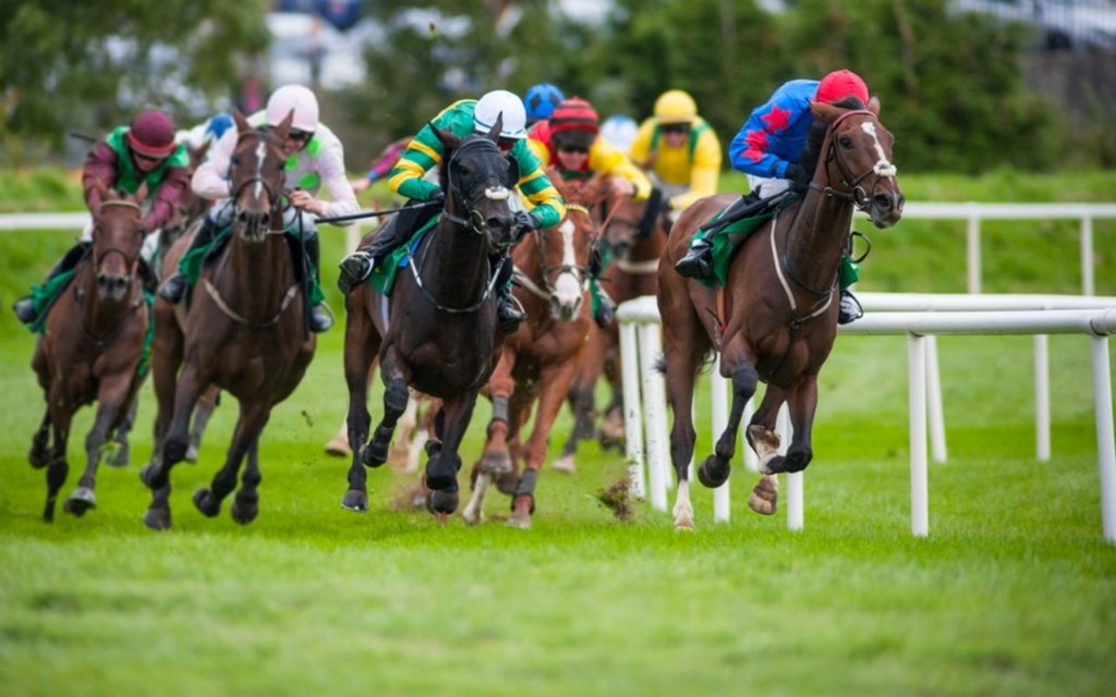 A horse race with thoroughbreds and jockeys in colorful gear, with the leading horse in a red and blue outfit on a green turf track, other horses in pursuit.