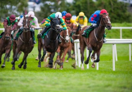 A horse race with thoroughbreds and jockeys in colorful gear, with the leading horse in a red and blue outfit on a green turf track, other horses in pursuit.