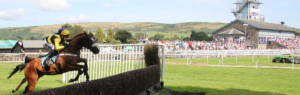 Jockey on horseback leaping over a hurdle at Cartmel Racecourse with spectators and rolling hills
