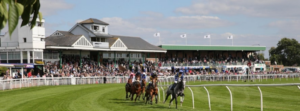 Races at Catterick with jockeys on the track and spectators gathered in the grandstand under a clear sky